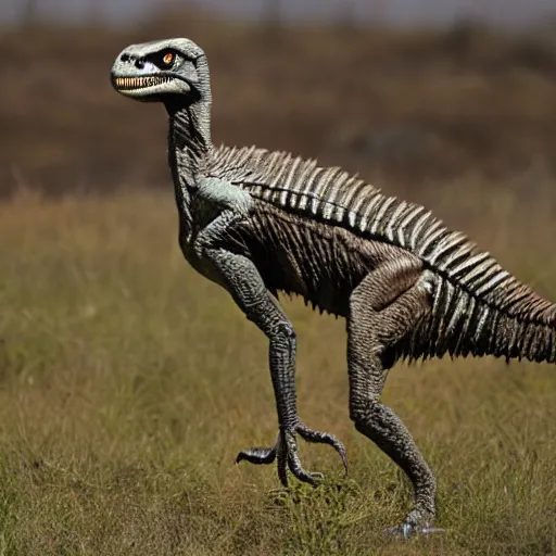 Image similar to a photograph of a velociraptor with feathers