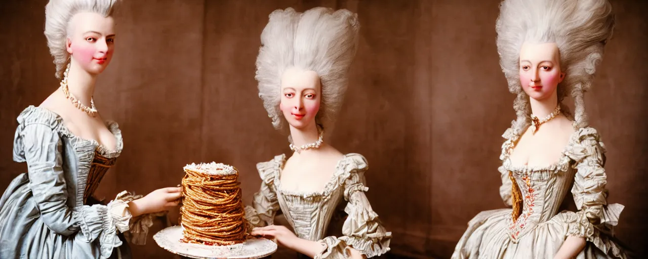 Image similar to marie antoinette in front of a cake made of spaghetti, high detailed face canon 5 0 mm, super detailed face, facial expression, cinematic lighting, photography, retro, film, kodachrome