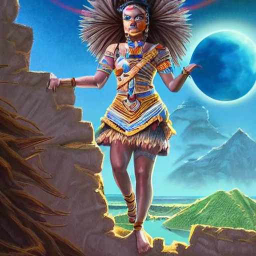 Prompt: aztec princess on top of a step pyramid during an eclipse, science fiction, highly detailed, digital painting, beautiful eyes, symmetry, concept art, sharp focus, volumetric lighting, illustration, global illumination, radiant light, synthwave colors, detailed and intricate environment, art by artgerm and greg rutkowski and magali villeneuve and ilya kuvshinov!