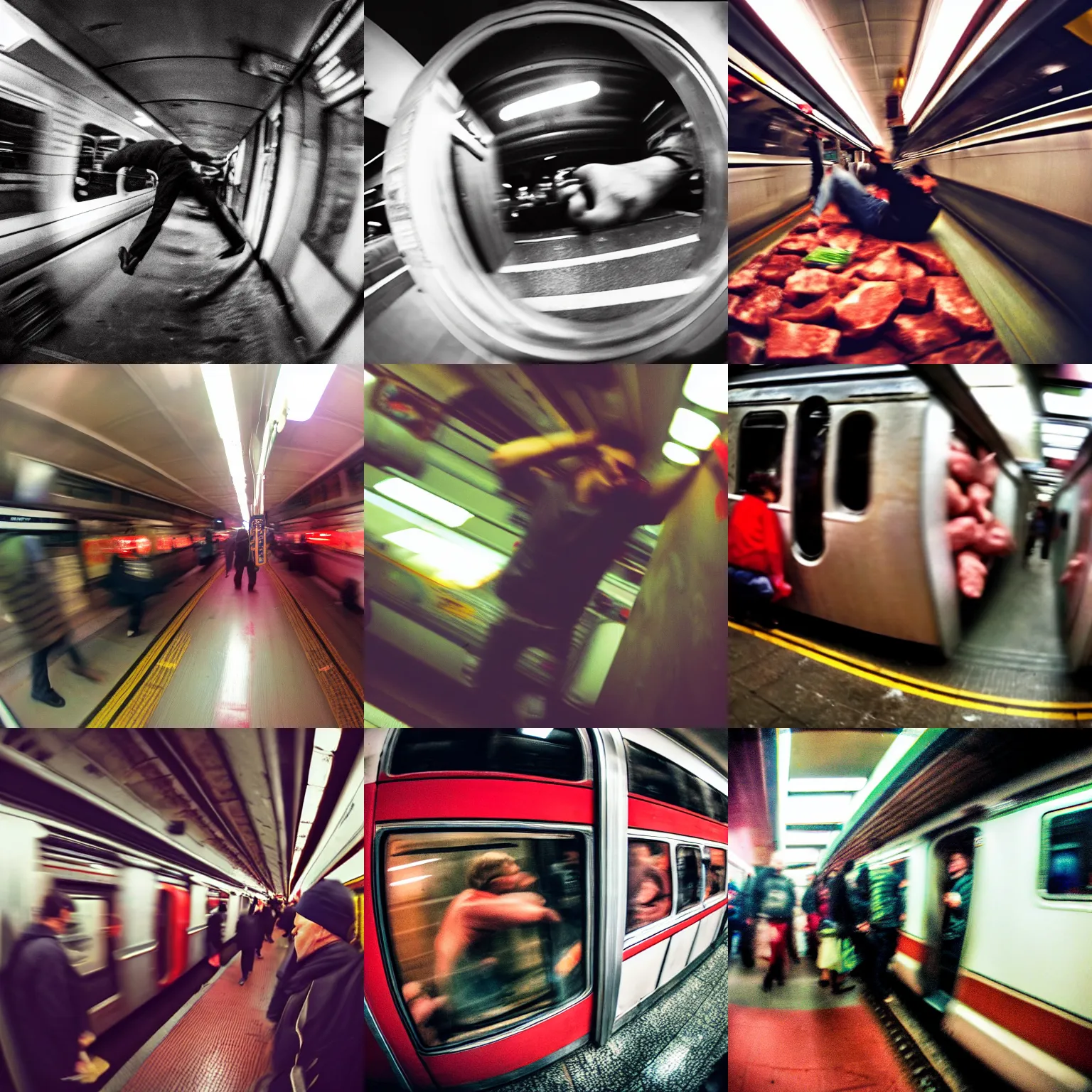 Prompt: fisheye lens photo of a man getting mangled by a subway train, blood and bone, red meat chunks