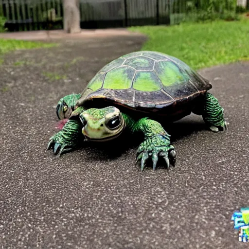 Image similar to photo of a nightmare turtle with an evil grin and large eyes, nightmare fuel, creepy