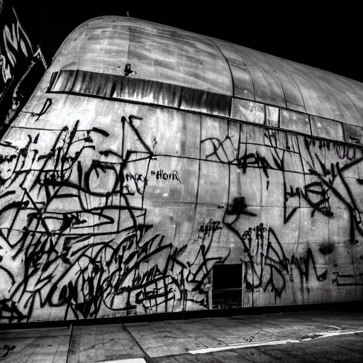 Image similar to a brutalism dark photo of an airship full of graffiti