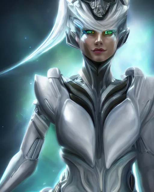 Image similar to perfect white haired attractive egyptian goddess, warframe armor, beautiful, symmetric, dreamy, half asian, pretty face, green eyes, charlize theron, detailed, scifi platform, laboratory, experiment, 4 k, ultra realistic, epic lighting, android body, illuminated, cinematic, masterpiece, art by akihito tsukushi, voidstar