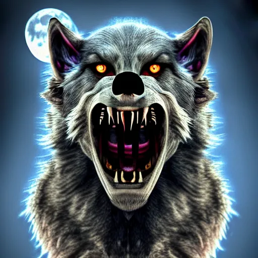 Image similar to a portrait of a scary snarling werewolf with sharp fangs and claws that is howling at the moon, highly detailed, digital photo, hdri, by christopher bretz and john carpenter, vivid colors, high contrast, 8 k resolution, intricate, photorealistic, smooth, psychedelic color scheme, concept art, award winning, cg society contest winner