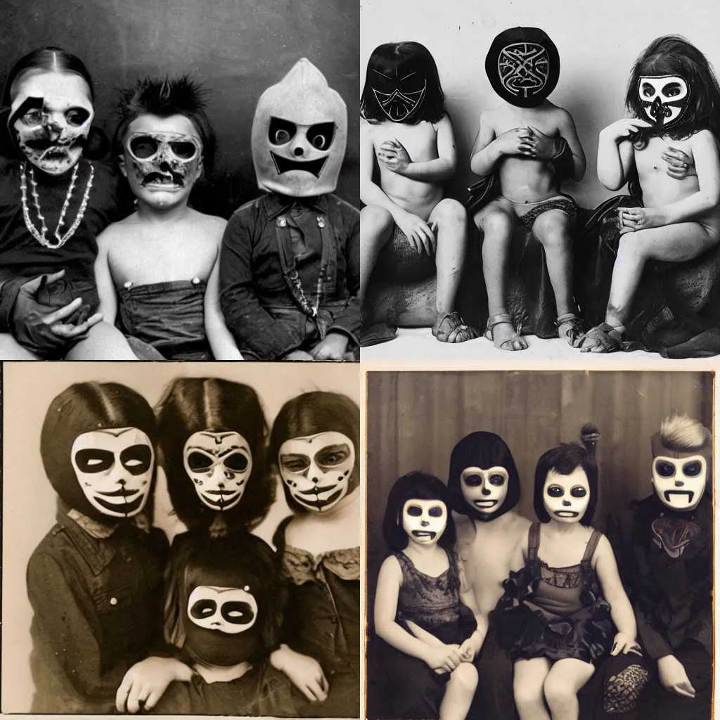 Prompt: photograph of three little boys wearing terrifying occult masks sitting on the lap of three seductive blue hair curvy women who are crying