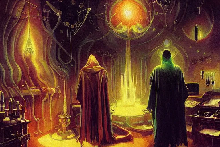 Image similar to ((A beautiful masterpiece painting) (of (a technomancer wizard (in robes (with pointed hood))) (discussing sentience with (his synthesized Al djinn) (in his laboratory (near a computer))) (by (Remedios Varo) and (Anato Finnstark) and (Greg Rutkowski)) (dayglo pink, dayglo blue, dazzle camouflage) (8k, trending on ArtStation)