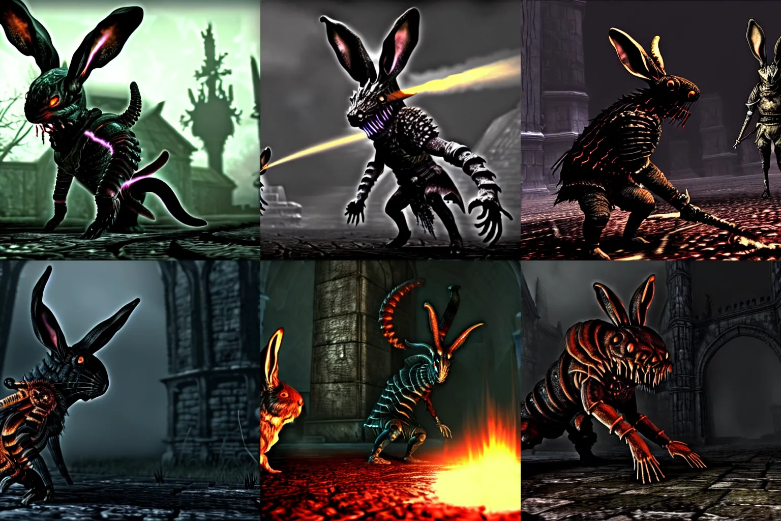 Prompt: A Dark Souls Screenshot of a Three-Eared Rabbit-Centipede-Demon