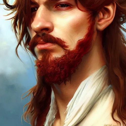 Image similar to portrait of a young pirate captain, male, masculine, handsome, upper body, red hair, long hair, D&D, fantasy, intricate, elegant, highly detailed, digital painting, artstation, concept art, sensual, matte, sharp focus, illustration, art by Artgerm and Greg Rutkowski and Alphonse Mucha