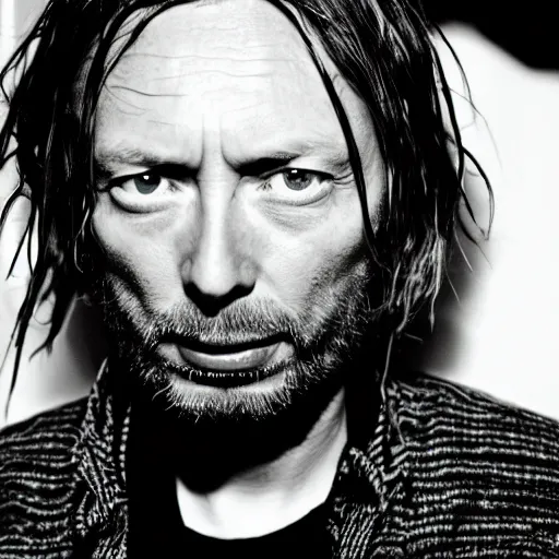 Prompt: Thom Yorke singer songwriter Rolling Stone, a photo by Colin Greenwood, ultrafine detail, masterpiece