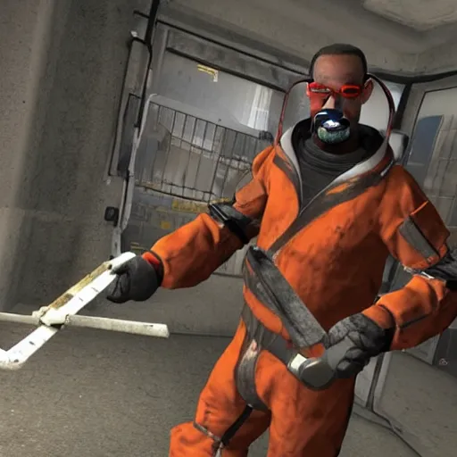 Prompt: Morgan Freeman as Gordon Freeman in Half-Life 2, wearing the HEV suit and holding a crowbar