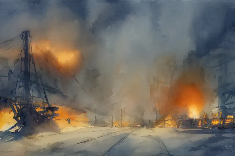 Prompt: small centered on watercolor paper, paint brush strokes, abstract watercolor painting of iron forge, glowing hot metal, molten orange steel, midday sharp light, dust, cinematic light, american romanticism by hans dahl, by jesper ejsing, by anders zorn, by greg rutkowski, by greg manchess, by tyler edlin