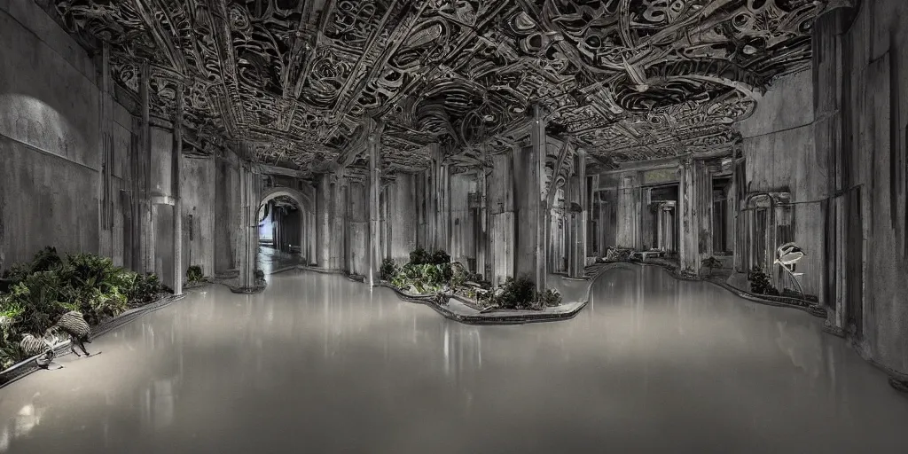 Prompt: the portrayal of cement architecture styled by the shape of sea isopods, wide shot, interior, high - tech, glowing lights, wet, polished concrete floors, planters filled with grass, skylights, hyper - realistic, full shot, highly detailed and intricate, ornate, luxury, elite, creepy, ominous, haunting, cinematic.