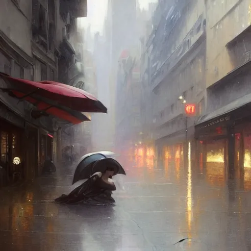 Prompt: a beautiful picture of a space opera street under rain by william - adolphe bouguereau and greg rutkowski, low angle shot, trending on artstation