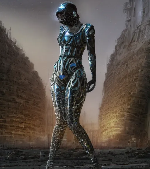 Image similar to tarkovsky best scene, the ancient destroyed majestic tower of babylon, a woman in futuristic cyber clothing, transparent puffer jacket, hyper realistic, cyber blockchain, cyber world, ambient lighting, concept art, intricate, hyper - detailed, smooth, dynamic volumetric lighting, octane, ray trace, cinematic, high quality, high resolution, 4 k, cgsociety