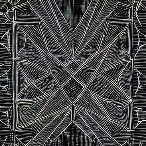 Image similar to graphical painting of symmetrical, geometric shapes with large bold, black paint strokes