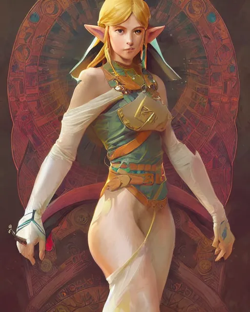 Image similar to zelda, full body photo, highly detailed, digital painting, artstation, concept art, smooth, sharp focus, illustration, art by artgerm and greg rutkowski and alphonse mucha