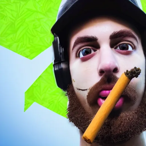 Image similar to close up photograph of very high on weed fortnite guy, stoner eyes, fortnite guy smoked weed, weed background, smoking a blunt, 8 k resolution