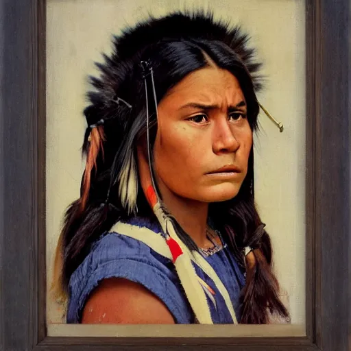 Image similar to head and shoulders portrait of young native american woman, snarling, looking up, clothed, three quarter profile, norman rockwell, ryan pancoast