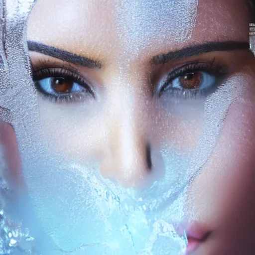 Prompt: kim kardashian frozen in a glass tube, full body, full shot, photograph, photorealistic, 8k UHD resolution, highly detailed, cinematic lighting, post processing,