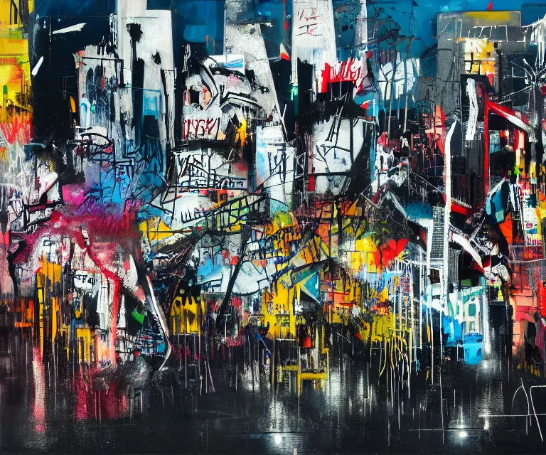 Image similar to acrylic and spraypaint of a metropolitan cityscape at night with wet pavement and reflections, graffiti wildstyle, large brush strokes, painting, paint drips, acrylic, clear shapes, spraypaint, smeared flowers, origami crane drawings, large triangular shapes, painting by ashley wood, basquiat, jeremy mann, masterpiece