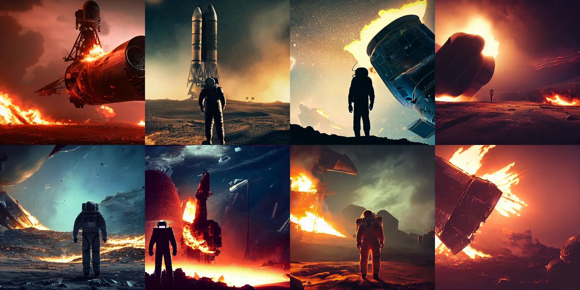 Prompt: beautiful dark landscape, astronaut standing looking, wrecked spacecraft destroyed on fire, intricate, epic lighting, cinematic composition, hyper realistic, 8k resolution, unreal engine 5,