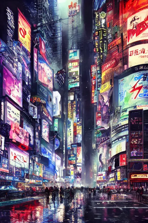 Prompt: neo tokyo time square in a rainy night, landscape, alex ross, neal Adams, david finch, concept art, matte painting, highly detailed, rule of thirds, dynamic lighting, cinematic, detailed, denoised, centerd