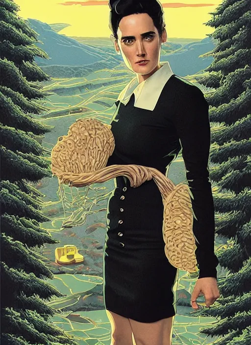 Image similar to poster artwork by Michael Whelan and Tomer Hanuka, Karol Bak of Jennifer Connelly wearing RR Double R diner waitress dress uniform, from scene from Twin Peaks, clean