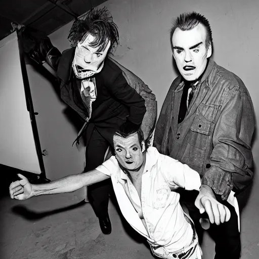 Image similar to syd vicious and johhny rotten, fighting baackstage, press photograph, high contrast, flash photography, wide angle