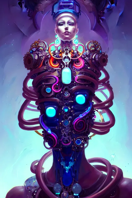 Image similar to portrait, biomechanical bioluminescent queen, cyberpunk, bionics, augments, cables, elegant gleaming intricate baroque jewellery, colorful, vivid, imposing, epic, digital painting, artstation, concept art, by peter mohrbacher and wlop and rhads