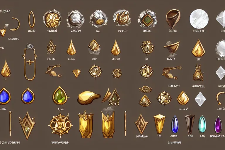 Prompt: design sheet of various alchemist tools, magic gems, props
