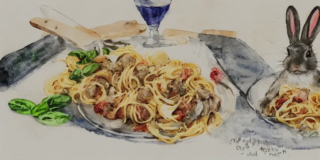 Prompt: a rabbit cooking pasta in a french restaurant, realistic watercolour