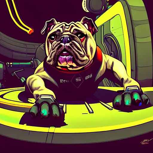 Image similar to « a comic styled painting of a cyborg bulldog sitting down, cyberpunk digital art by greg rutkowsky, illustration, colourful, sharp focus, highly detailed, future tech, sketchfab »