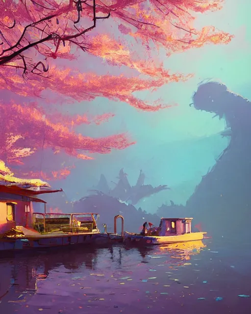 Image similar to a houseboat by a small fishing village on the river | cherry - blossoms | highly detailed | very intricate | serene romantic fantasy whimsical magical | professional cinematic lighting | dusk | studio ghibli | award - winning | matte painting by anton fadeev and paul lehr and rhads and alena aenami | pastel color palette | featured on artstation