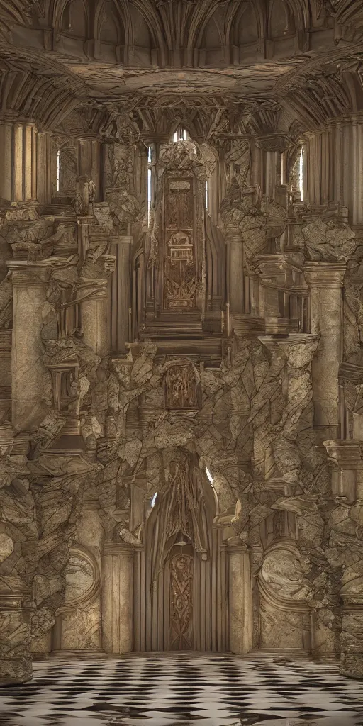 Image similar to ultra detailed, high definition, octane render 3d, throne room, stone pillars, high ceiling, art nouveau, goth