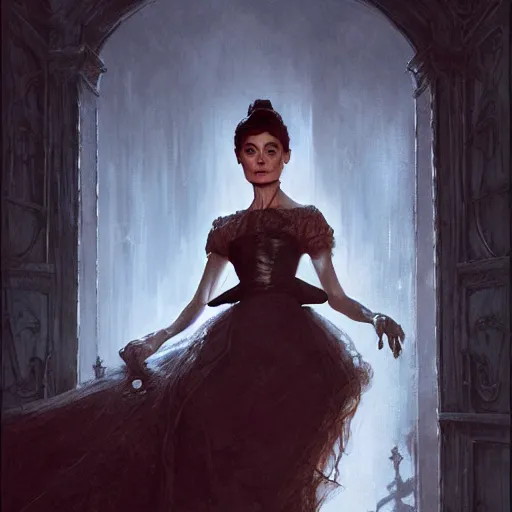 Image similar to audrey hepburn in a horror novel, inside haunted mansion, various scenarios, looking for the way out, highly detailed, digital painting, artstation, art by gaston bussiere, greg rutkowski, j. c. leyendecker, robert hubert