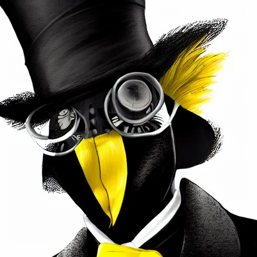 Image similar to a highly detailed portrait of a man in a high top hat covering his face, in a black tailcoat with a yellow waistcoat under the tailcoat, artstation, deviantart, professional, unreal engine 5, photorealistic