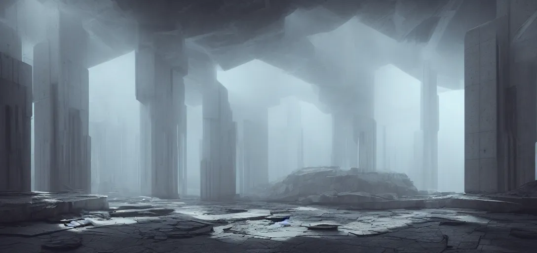 Prompt: dramatic view of empty brutalist underground structure, giant towering pillars, colored fog, haze, unreal engine, dramatic lighting, detailed, ambient occlusion, global illumination, god rays, 3 d artstation render by greg rutowski and jessica rossier