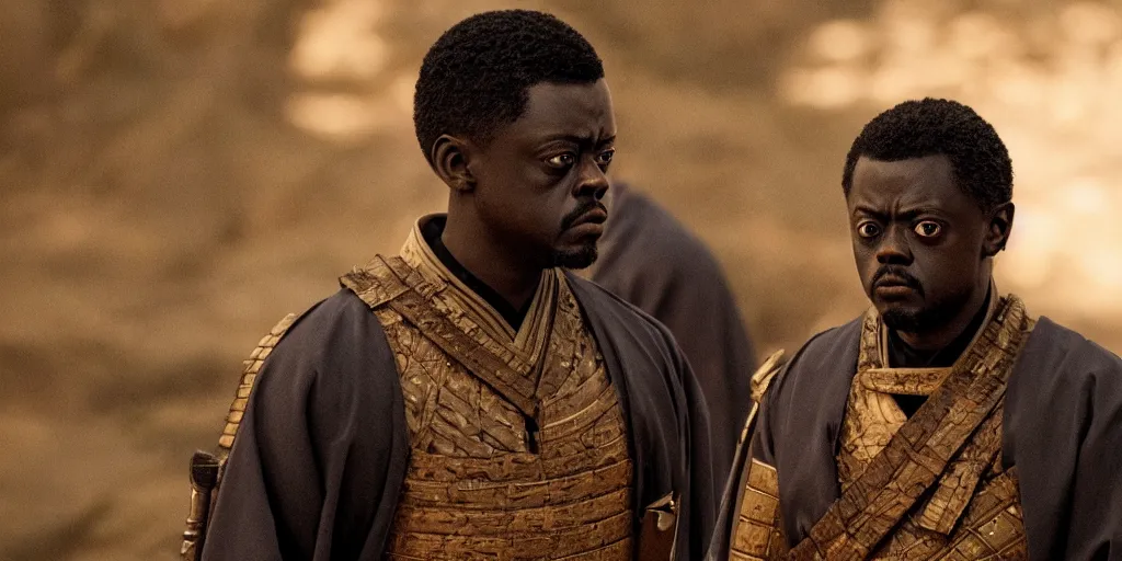 Prompt: a film still of daniel kaluuya starring as a japanese samurai in a japanese blockbuster film, shallow depth of field, cinematic, award winning cgi, vfx, film still