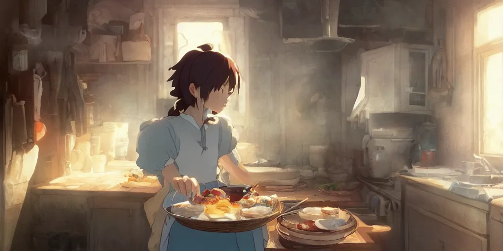 Prompt: a girl makes breakfast in her house, close up shot from the side, anime art, Greg Rutkowski, studio ghibli, dramatic lighting