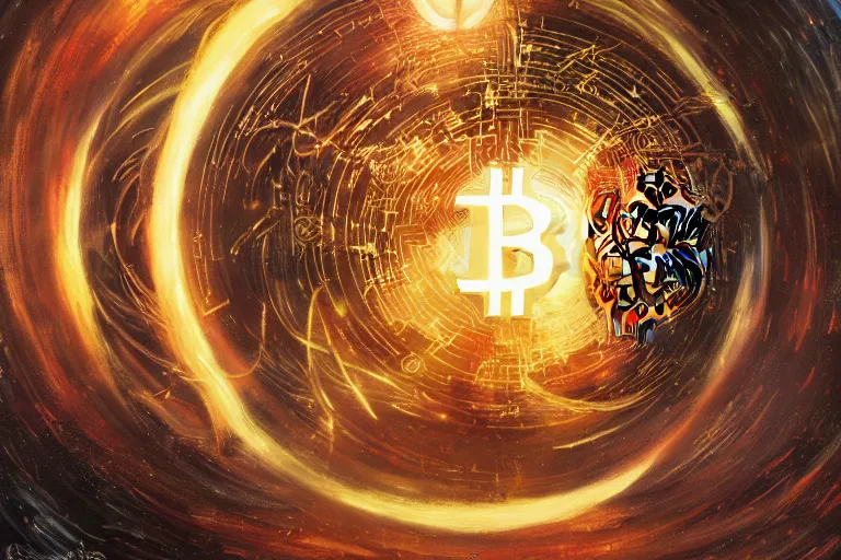 Image similar to wizards conjuring a bitcoin through a circular portal, by greg rutkowski and frank frazetta and peter mohrbacher and william blake and dan mumford