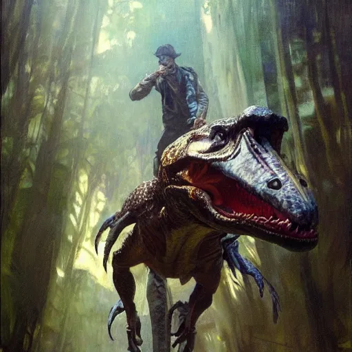 Prompt: hyperrealistic portrait of jeff goldblum riding a velociraptor. by jeremy mann and alphonse mucha, fantasy art, photo realistic, dynamic lighting, artstation, poster, volumetric lighting, very detailed faces, 4 k, award winning