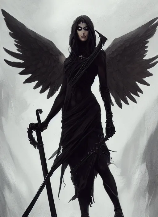 Image similar to a portrait of a beautiful angel of death with black wings holding a large scythe by marco bucci and greg rutkowski, sharp focus, very detailed, cinematic, closeup, trending on artstation, 4 k