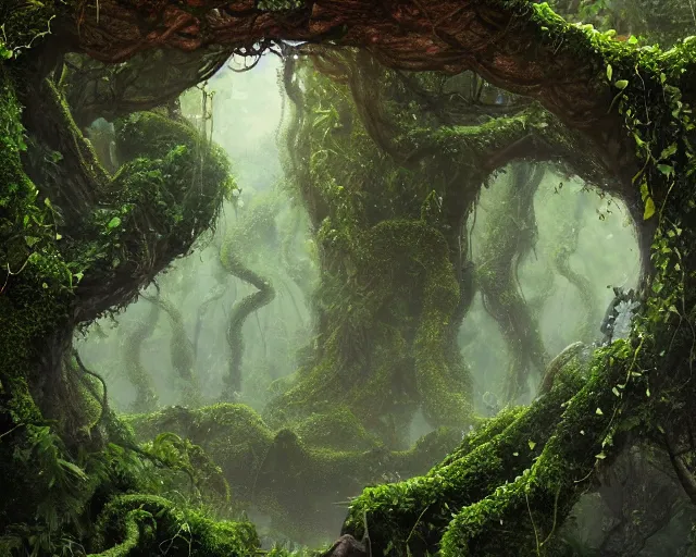 Image similar to The temple of infinite stones, overgrown with vines and moss, thick and rich vines hanging down from the ceiling of the temple, lush plants, amazing scale and lighting, digital art, trending on Artstation