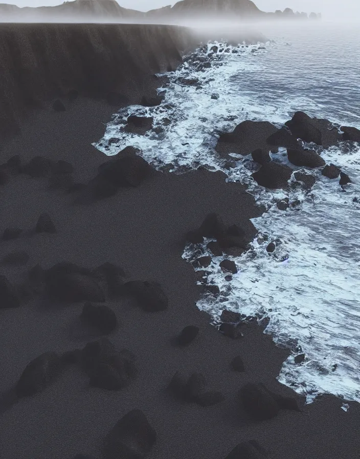 Image similar to Northern landscape with black sand beach and rocky cliffs by aaron westwood, fog, volumetric, trending on instagram, concept art, realistic, highly detailed, 8k