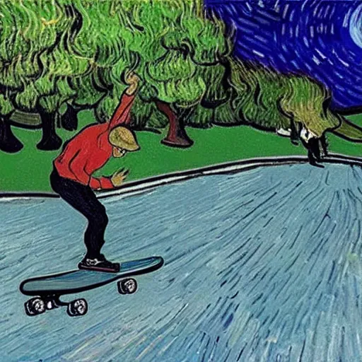 Image similar to Van Gogh skateboarding in the style of Van Gogh