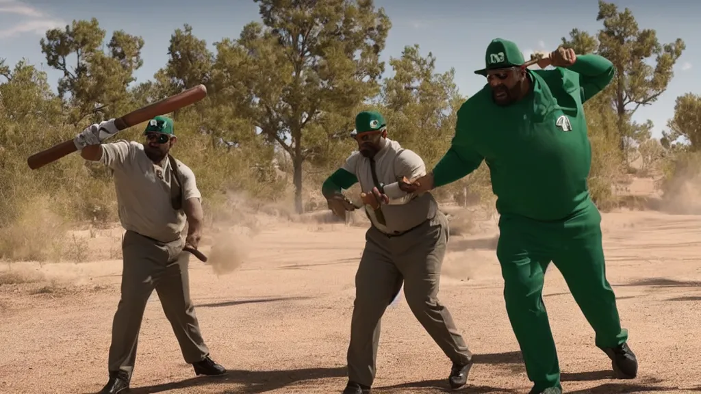 Prompt: Still of Big Smoke with green clothing wielding a baseball bat in Better Call Saul