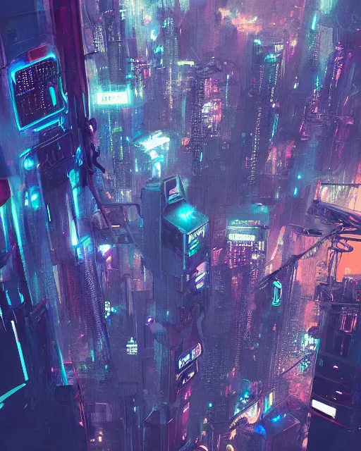 Image similar to cyberpunk drone above a city, scifi, futuristic, neon light, highly detailed, concept art, sharp focus, trending on artstation, intricate, atmosphere, raining, art by roman makarenko, dzung phung dinh