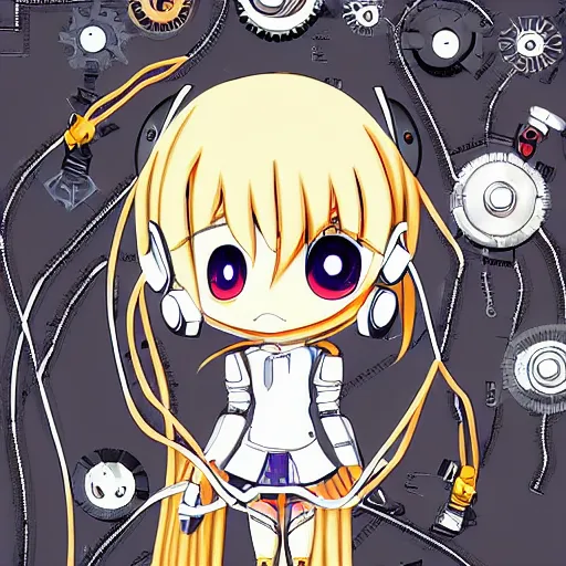 Image similar to Anime manga robot!! Anime girl, cyborg girl, exposed wires and gears, fully robotic!! girl, manga!! in the style of Junji Ito and Naoko Takeuchi, cute!! chibi!!! Schoolgirl, epic full color illustration