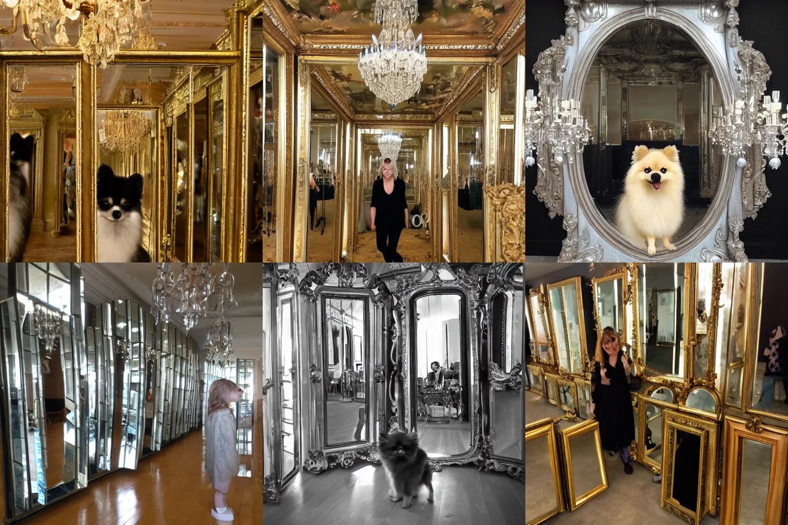 Prompt: Pomeranian in a hall of mirrors