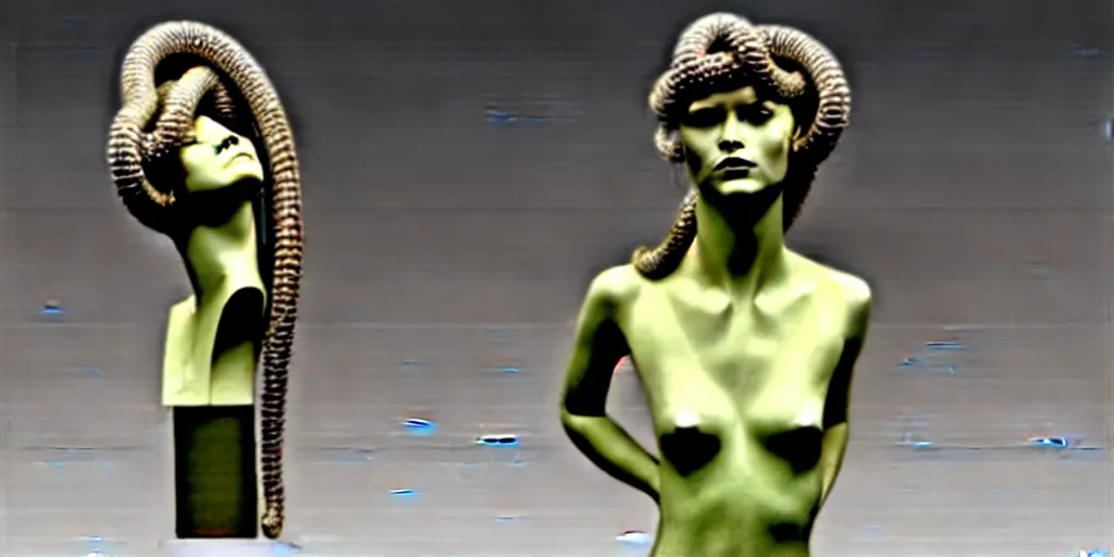 Image similar to modern sculpture, young woman as medusa, multiple poses, androgynous